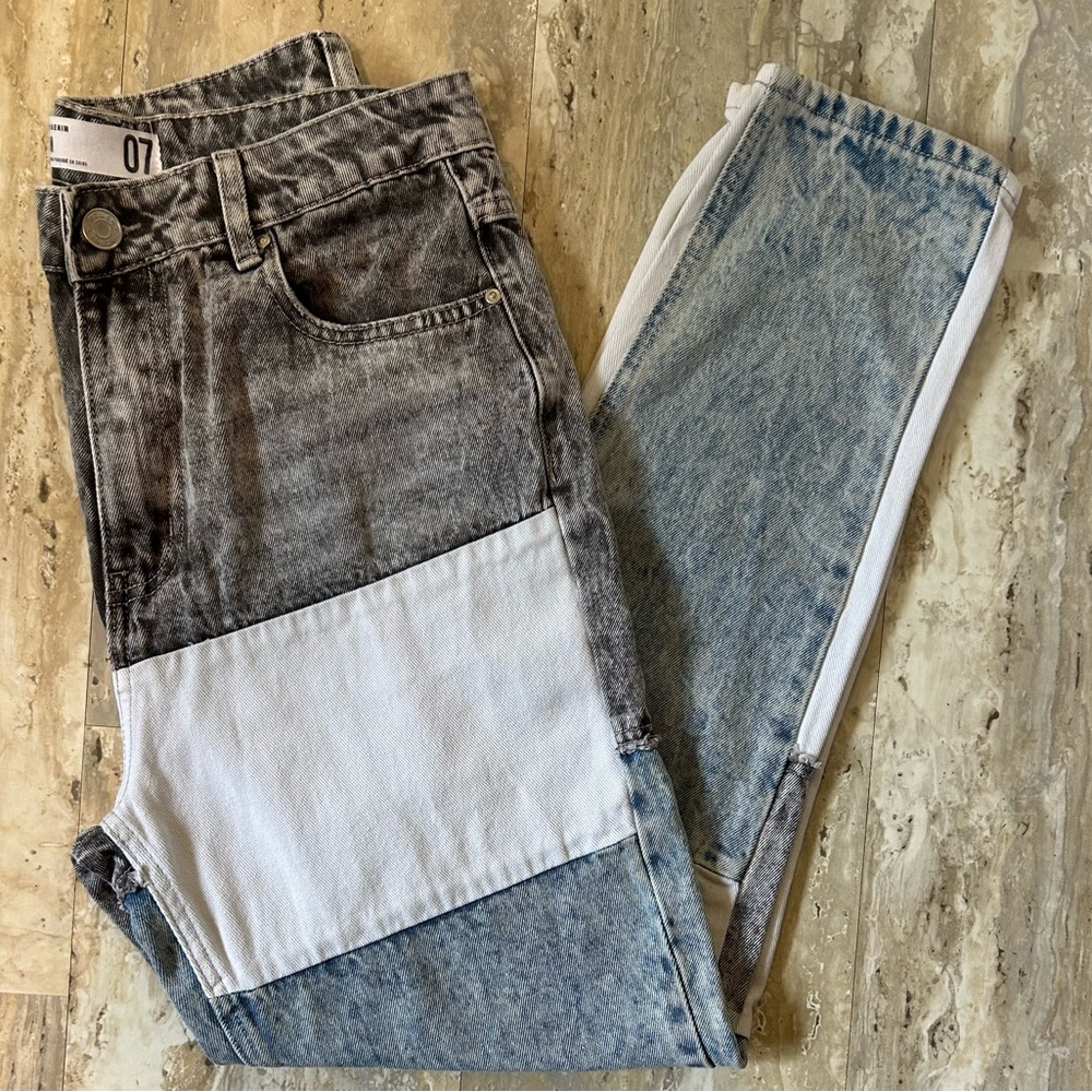 Refuge Denim MOM Patchwork Jeans. Three Shades of Denim.
